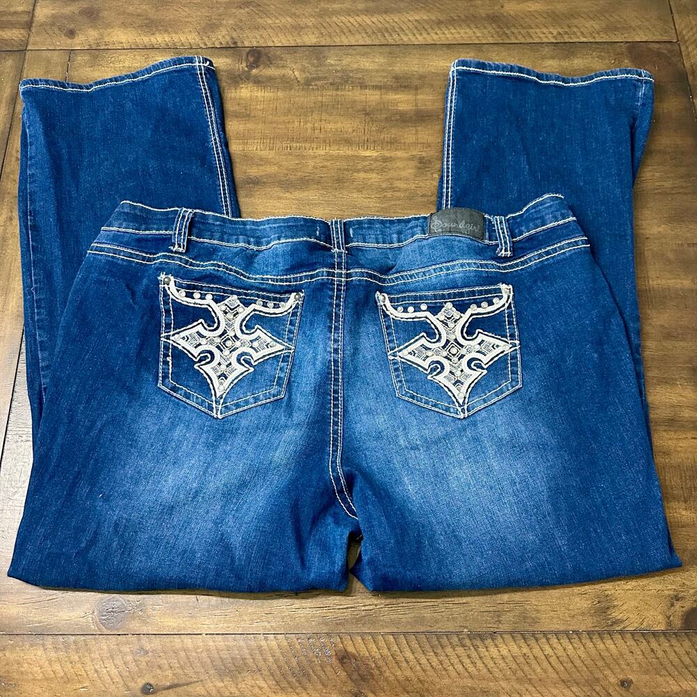 Soundgirl Distressed Bootcut Jeans Size 24 Ornate Embroidered Pockets